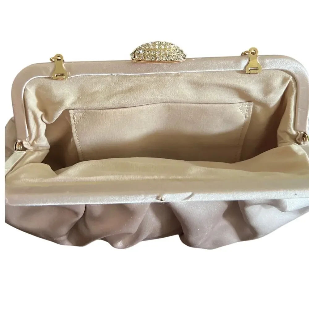 Kelly & Katie Evening Bag Pleated Clutch Satin Champagne Gold Rhinestone Chain